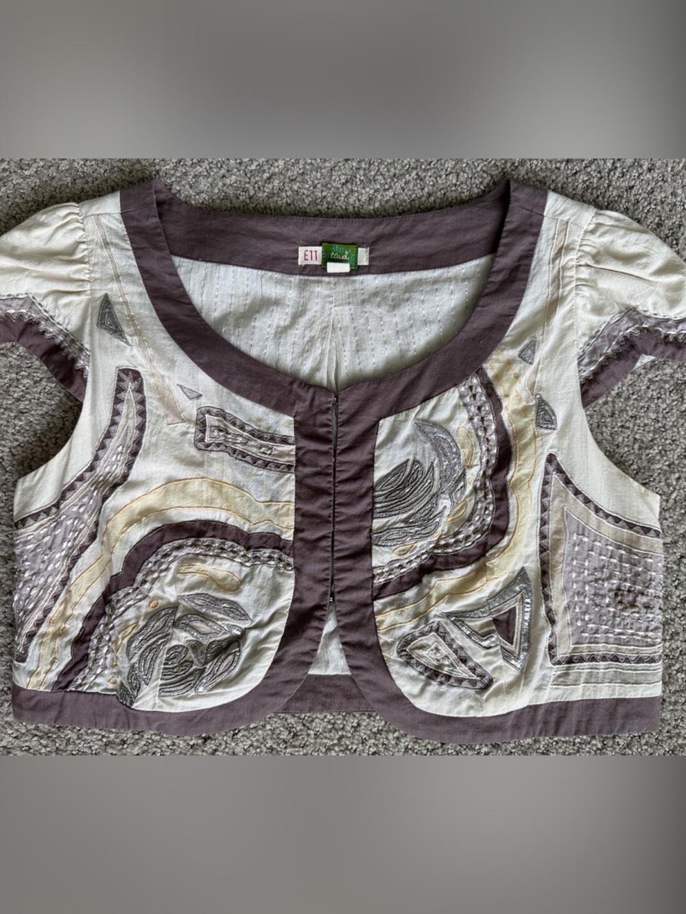 Anthropologie Embroidered Short-Sleeve Bolero Top in Cream and Taupe